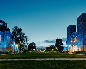 Royce Hall and Powell Library blue