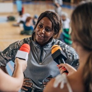 National guard woman being interviewed