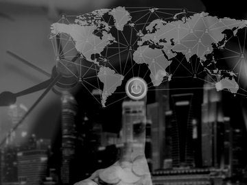 Global business concept and finance conceptual with businessman turn on power switch to connect people network communication with digital world map, money and worldwide
