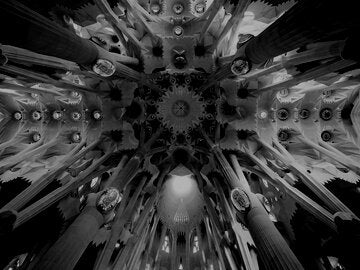  Sagrada Familia Cathedral ceiling with beautiful architectural design and amazing light in Barcelona, Spain