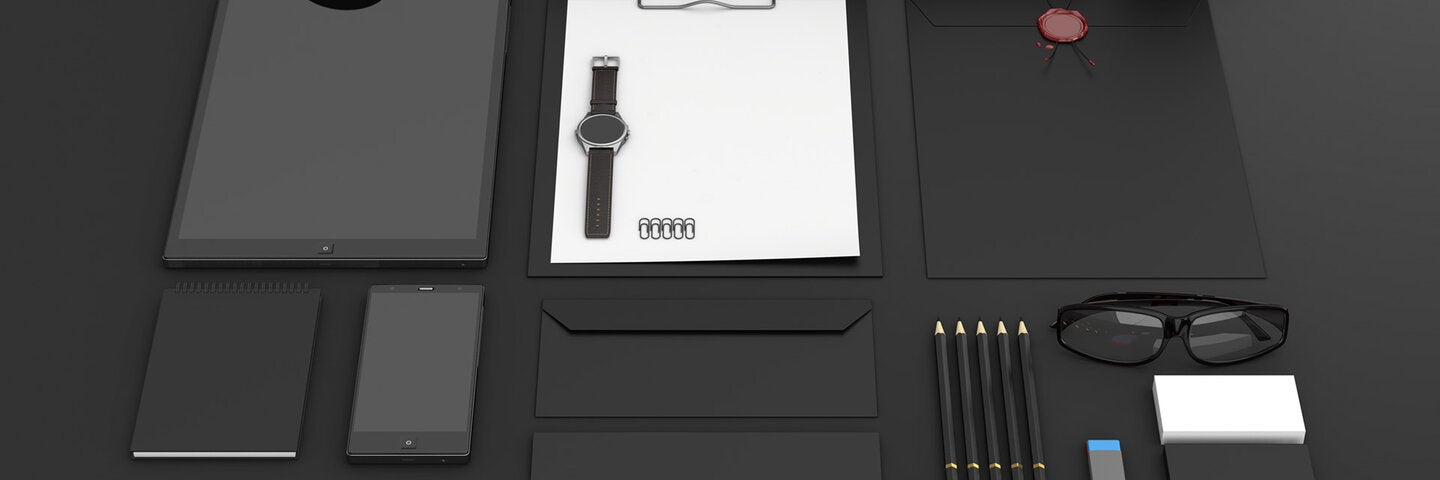 Set of blank stationery for branding identity on black background. 