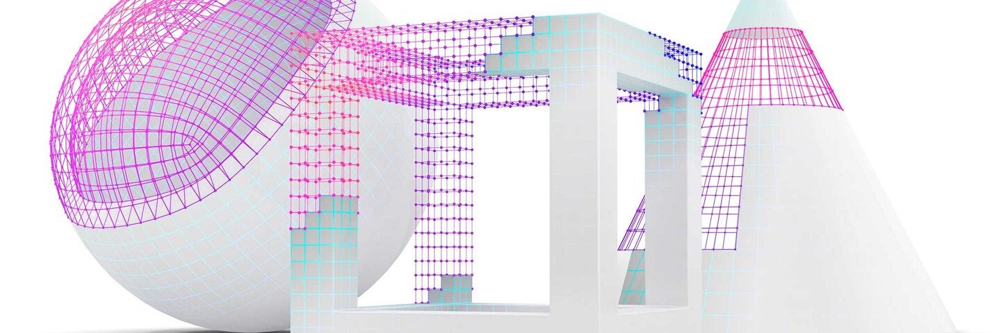 a set of three simple geometric objects with visible wireframe, illustration.