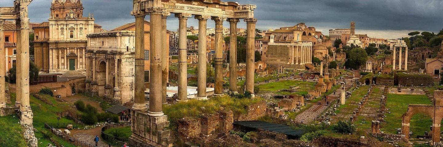 A view of the Roman Forum and the Colosseum from Capitoline Hill in Rome, Italy.