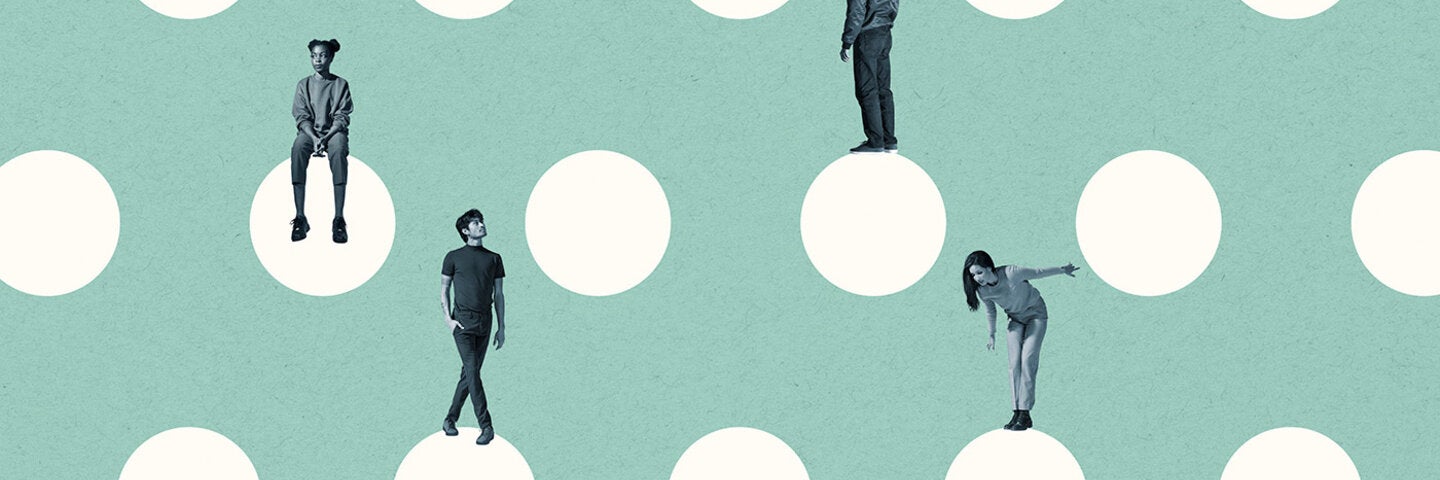 men and women suspended by graphic dots illustration